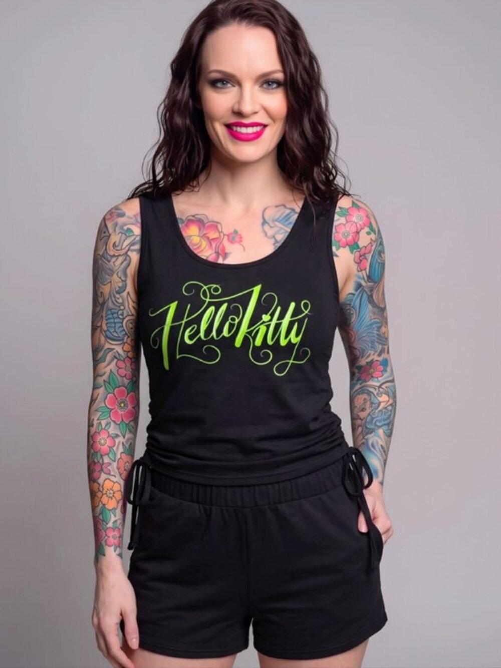 Sanrio Hello Kitty Black Neon Green Graphic Set Ruched Tank Shorts Kawaii NWT